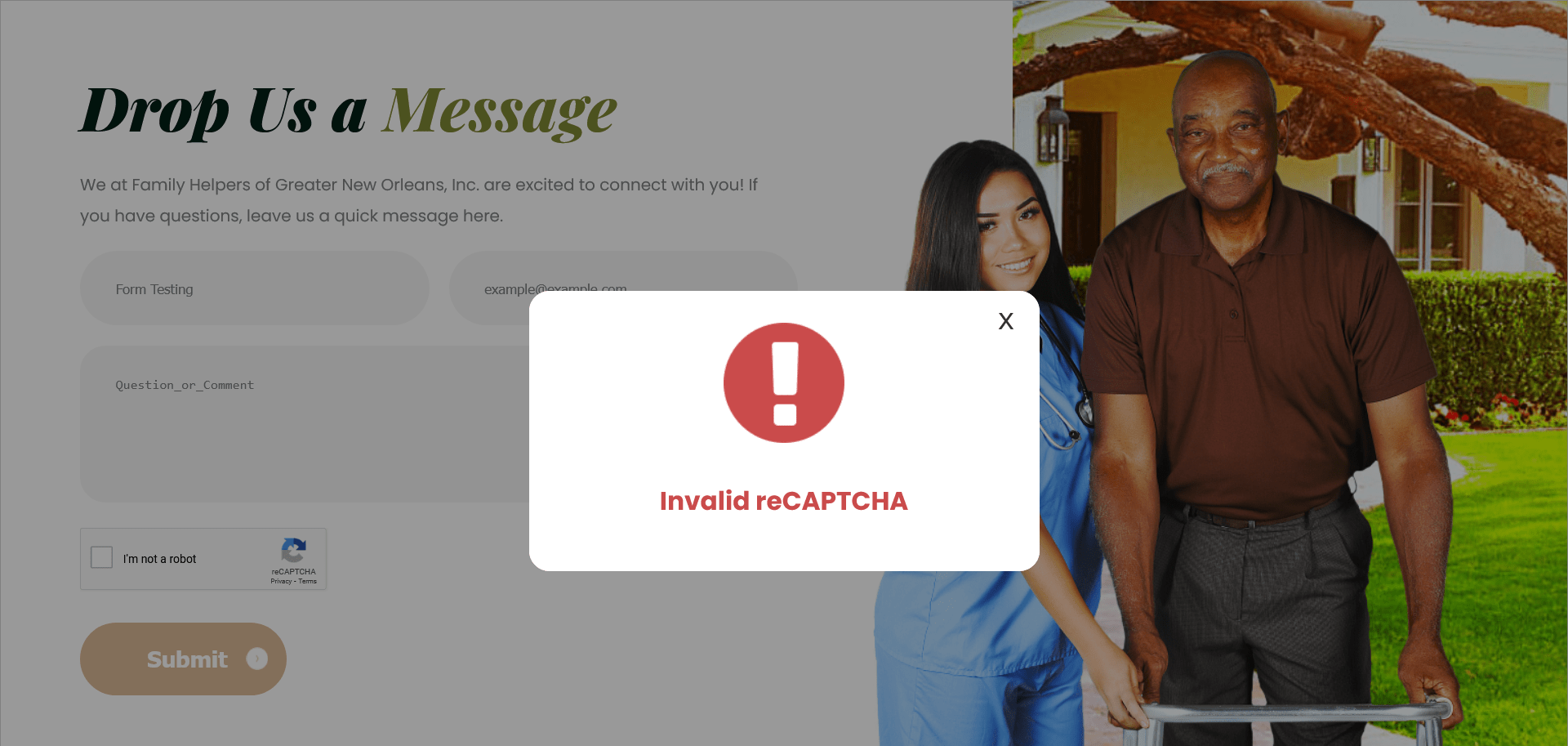 Invalid reCaptcha pop-up message on form